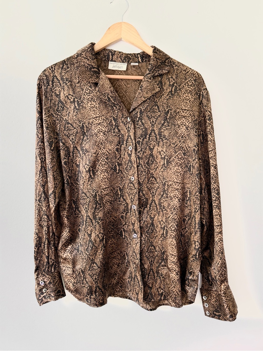 Vintage Lord & Taylor Silk Button Up Blouse Snake Print Brown Black Long Sleeve